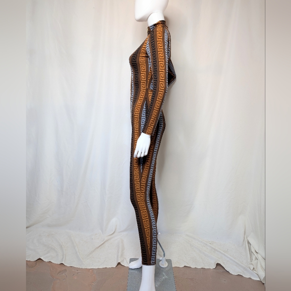 Greek Key Pattern Brown & Light Blue Half Zip Mock Neck Long Sleeve Jumpsuit - Picture 9 of 11